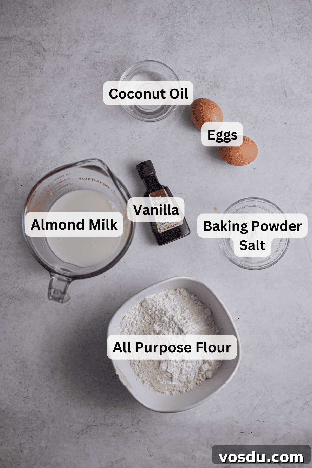 Fluffy Dairy-Free Pancakes Recipe for Breakfast and Brunch 3 The ingredients are the almond milk pancakes are laid out.
