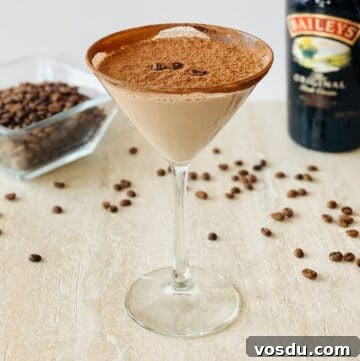 creamy espresso martini in martini glass with baileys and espresso beans in the background