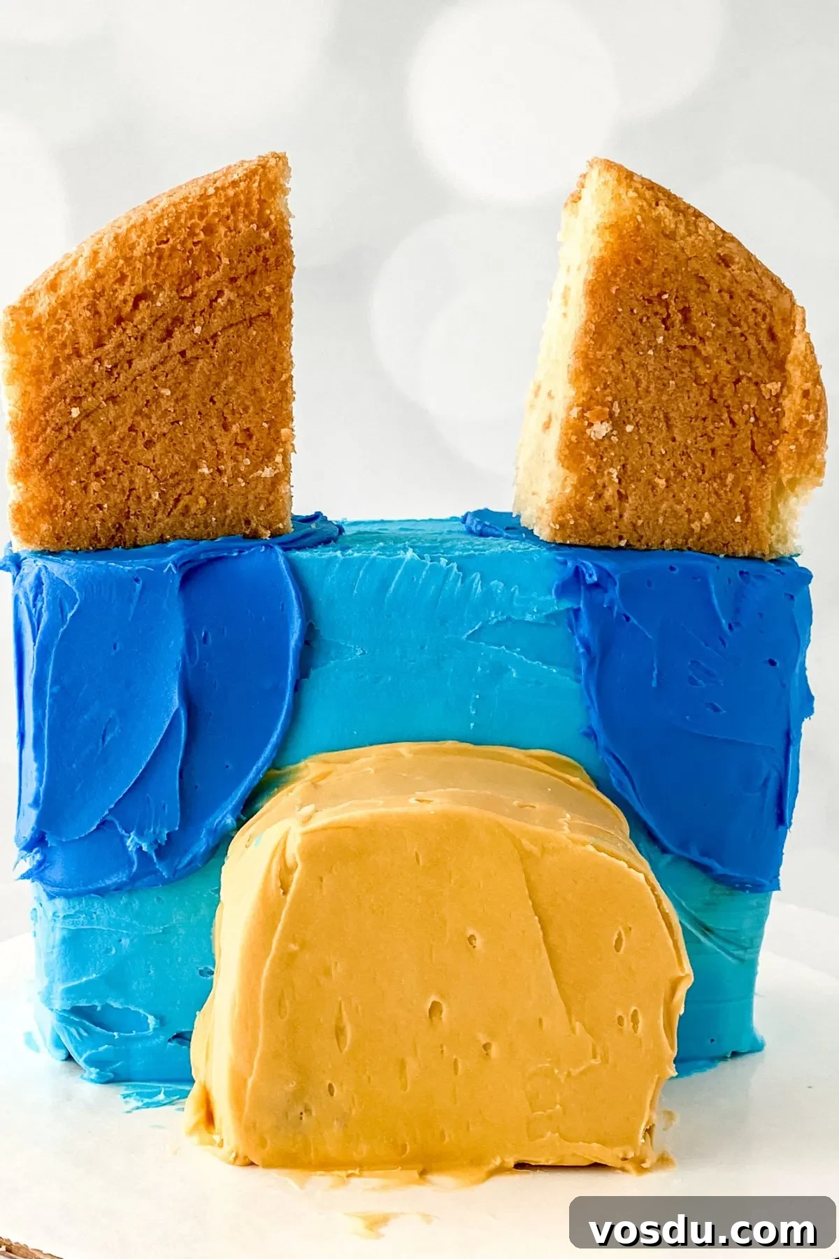 Bluey Cake Recipe with Simple Step-by-Step Tutorial 14 Bluey's ears on top of a cake.