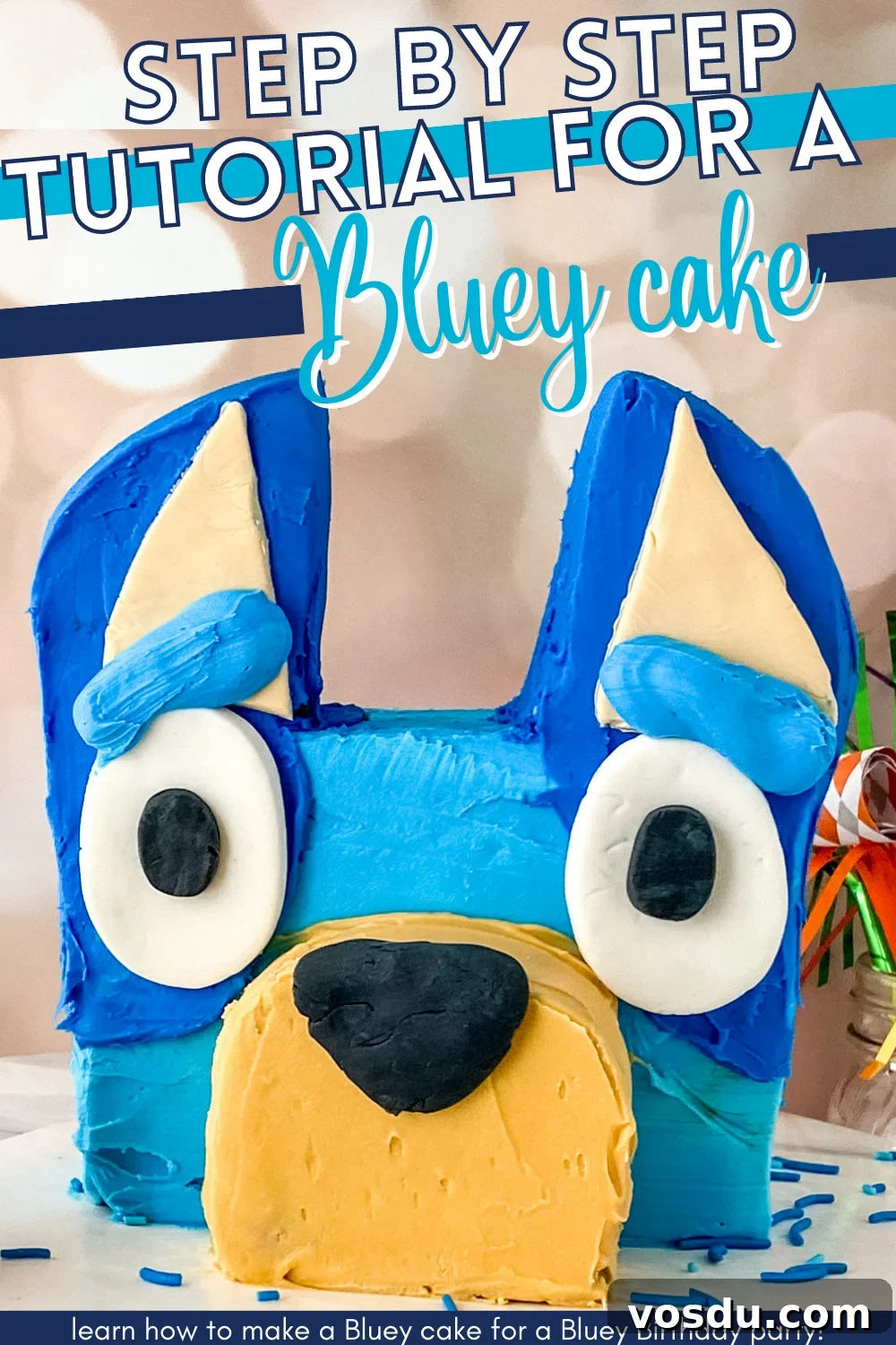 Bluey Cake Recipe with Simple Step-by-Step Tutorial 18 A complete Bluey head birthday cake with text overlay.