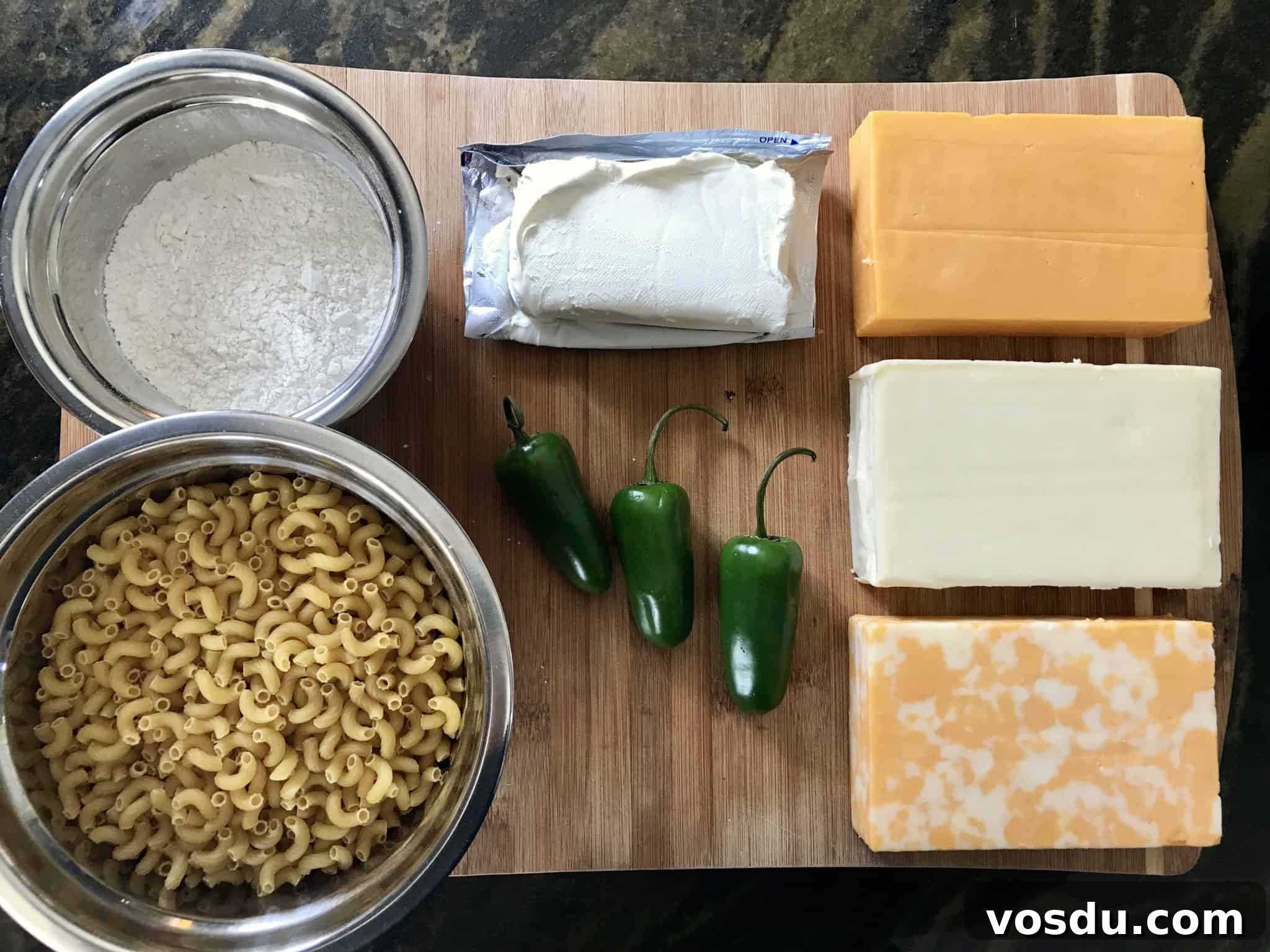 Smoked Macaroni and Cheese Recipe – Creamy, Smoky Comfort Food 4 smoked Mac n Cheese Ingredients on cutting board overhead shot