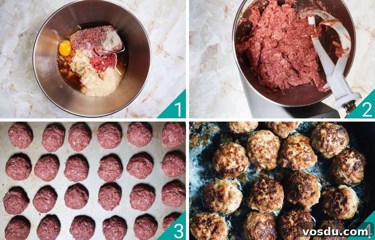 Four-image photo for how to make the meatballs.