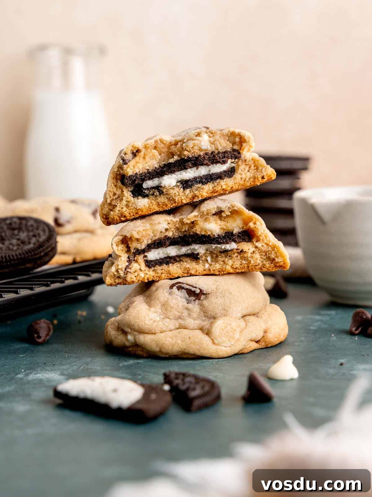 A stack of chocolate chip cookies with Oreos on the inside.