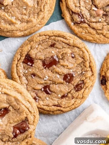 Top view of espresso chocolate chip cookies with flaky salt.