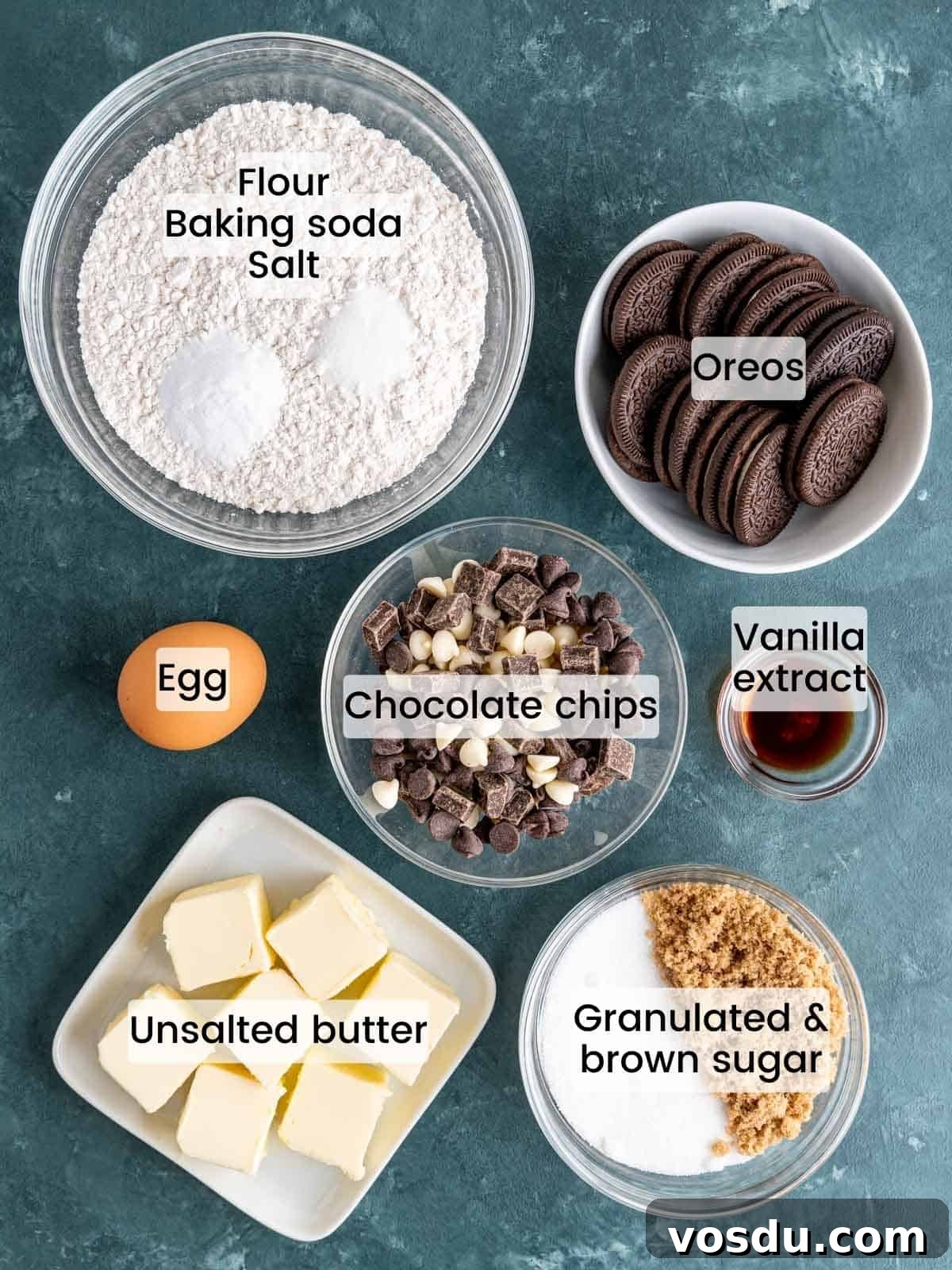 Ingredients needed to make Oreo stuffed chocolate chip cookies.