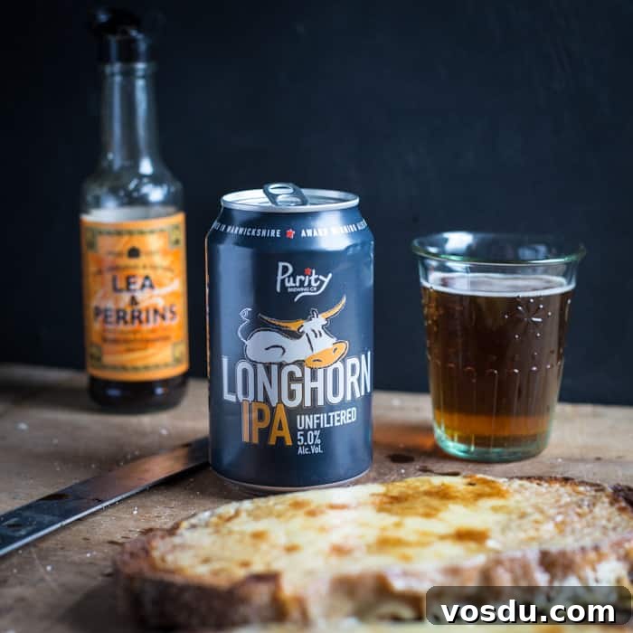 Classic Welsh Rarebit Recipe: Savory Melted Cheese on Toast 4 Can of Longhorn IPA beer with cheese on toast