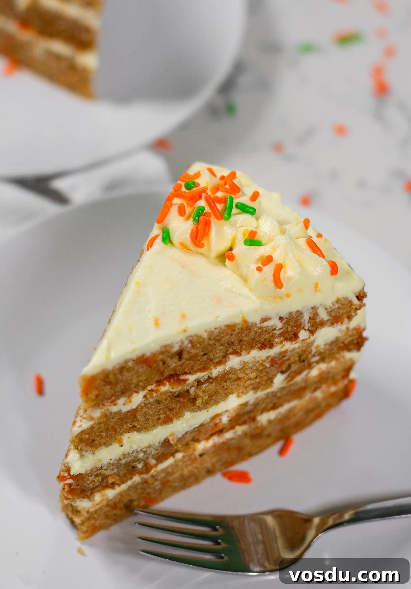Classic Danish Carrot Cake Recipe with Cream Cheese Frosting 6 A slice of carrot cake.