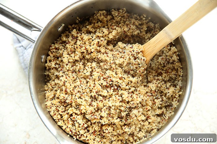A pot of quinoa with a wooden cooking spoon inserted at an angle on the right.