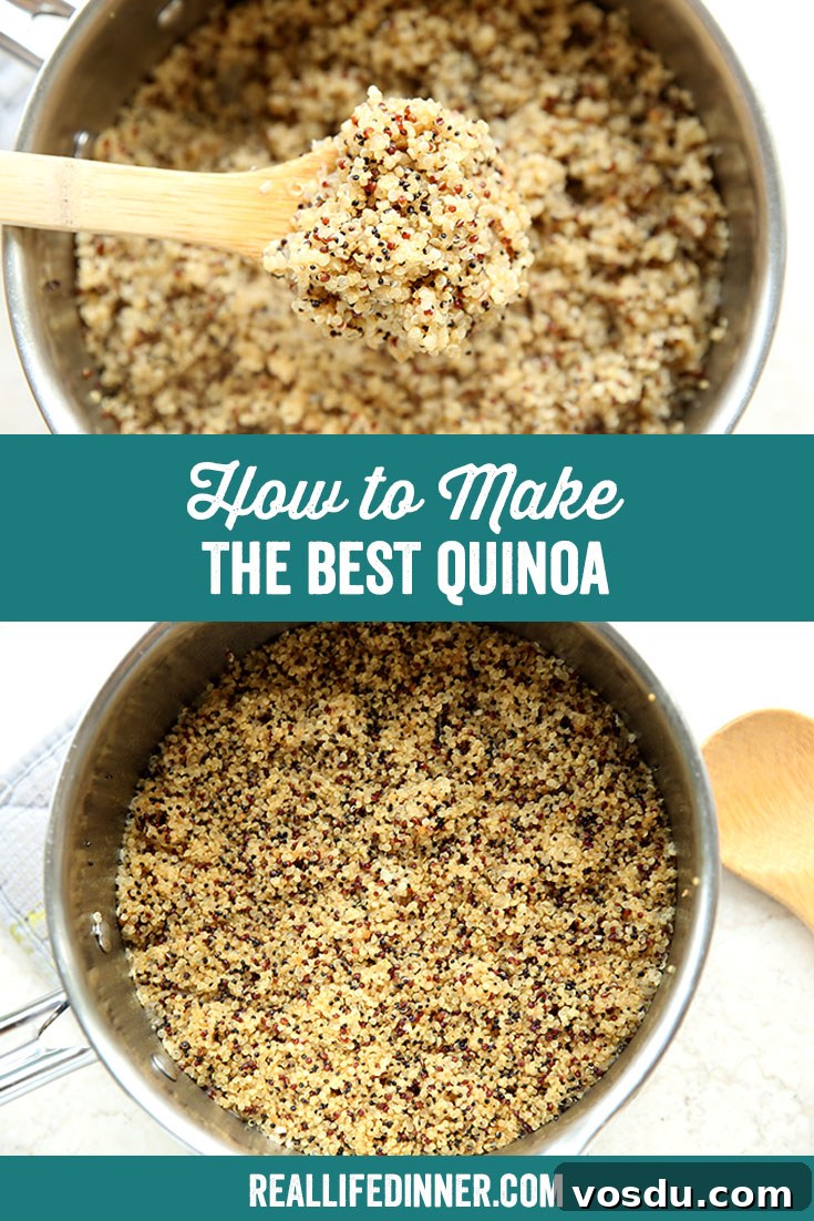 Two-photo Pinterest picture of How to Make the Best Quinoa with the text of the title in the middle.