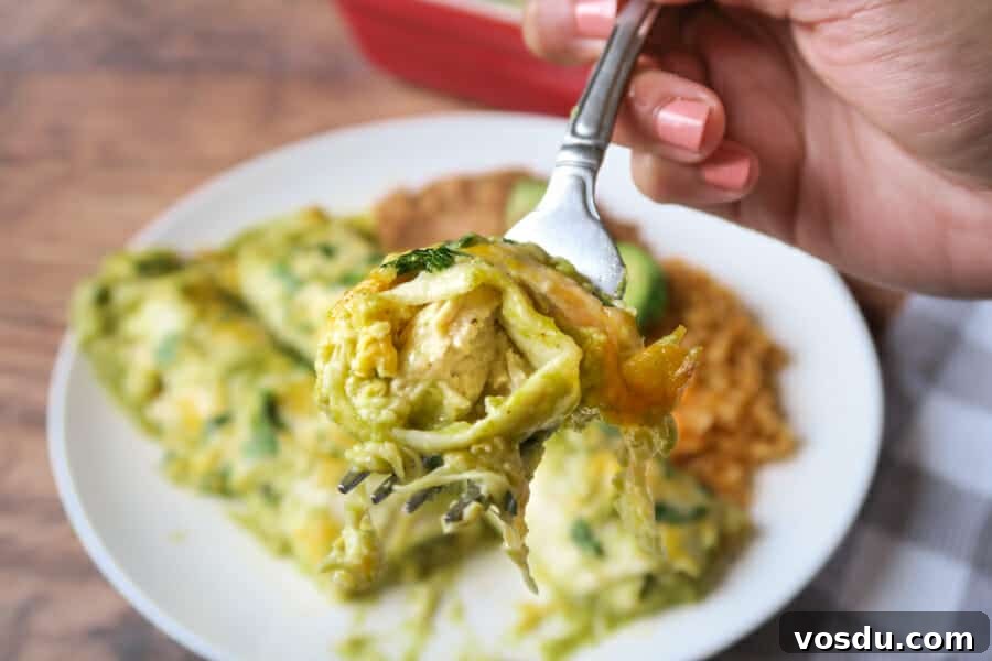 Chicken Enchiladas Verdes (Authentic Green Sauce Enchiladas) 14 bite shot showing chicken and cream cheese filling