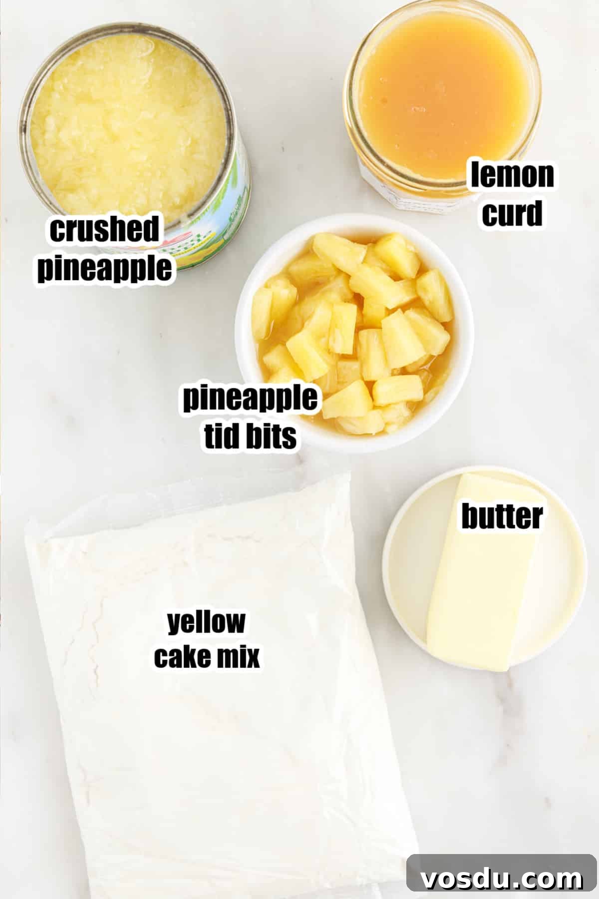 Tangy Lemon Pineapple Dump Cake Recipe for Summer Dessert 4 Individual ingredients for pineapple lemon dump cake.