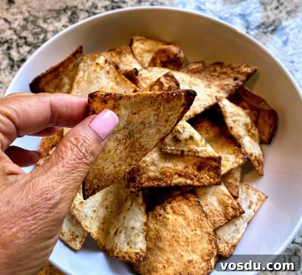 Crunchy Vegan Nachos with Spicy Cashew Cheese 5 Homemade tortilla chips in a bowl
