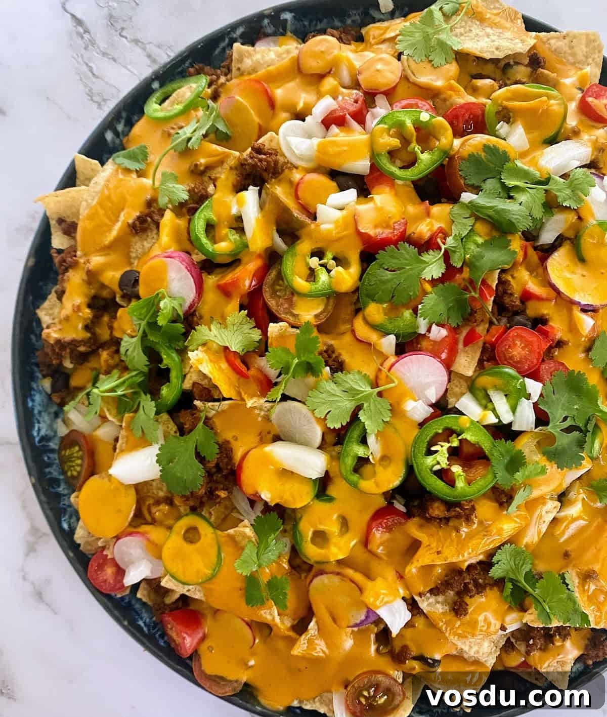 Crunchy Vegan Nachos with Spicy Cashew Cheese 10 vegan nachos recipe on a platter on the counter