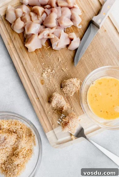 Chicken nuggets prepared for cooking.