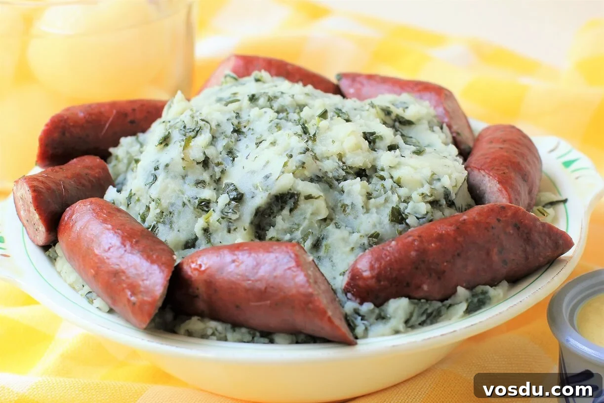 Dutch Kale Stamppot with Sausage — Classic Dutch Comfort Meal 3 bowl filled with boerenkool surrounded by sausages