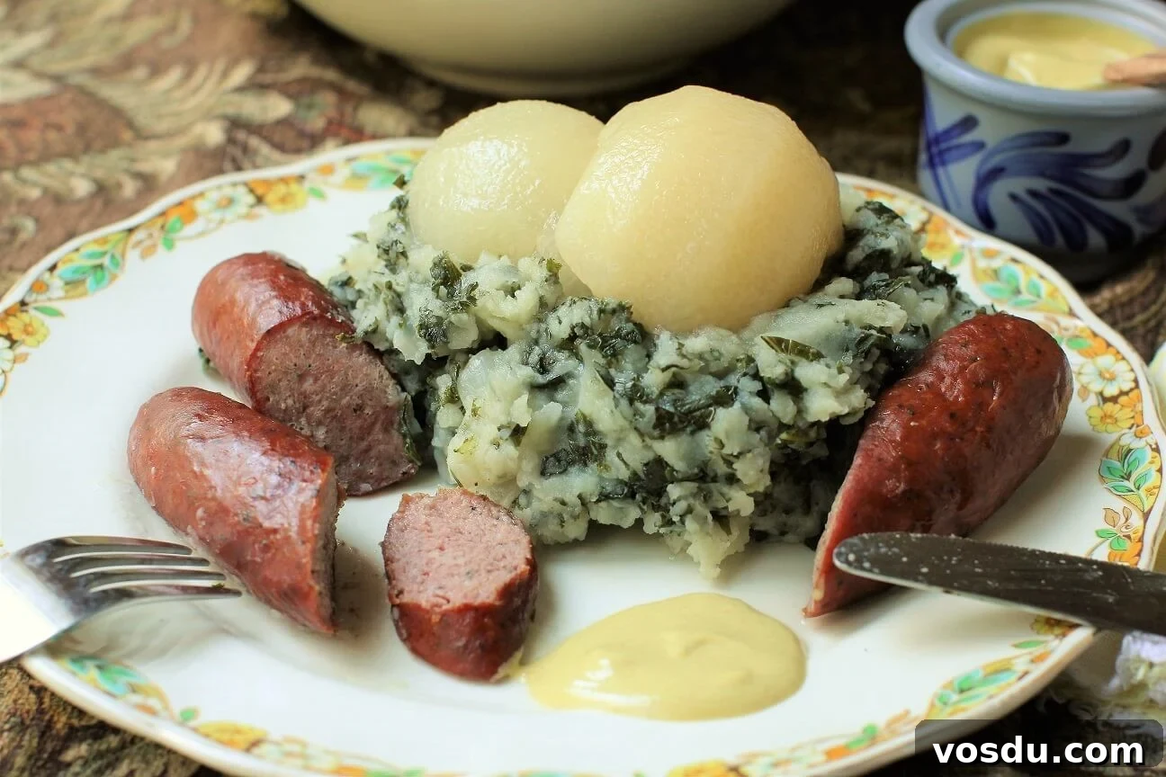 Dutch Kale Stamppot with Sausage — Classic Dutch Comfort Meal 5 plate of boerenkool served and started eating