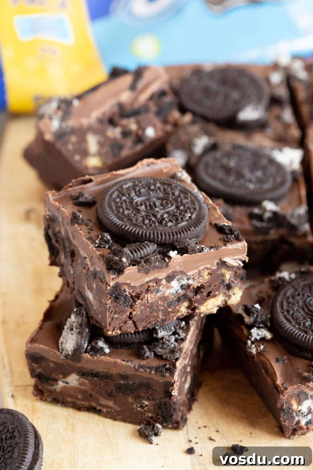No-Bake Chocolate Oreo Tiffin Recipe — Quick No-Bake Dessert 10 A stack of Oreo tiffin bars.