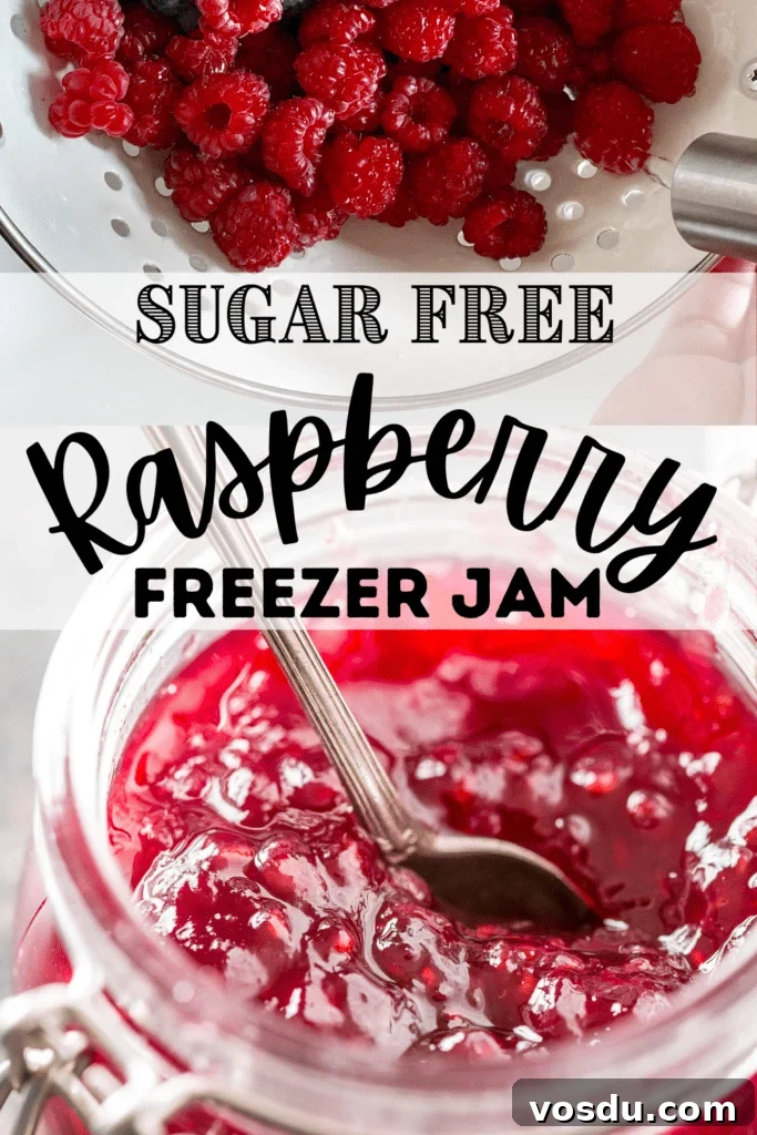 Sugar-Free Raspberry Freezer Jam Without Pectin 4 raspberry freezer jam in jar and raspberries in colandar being washed with text