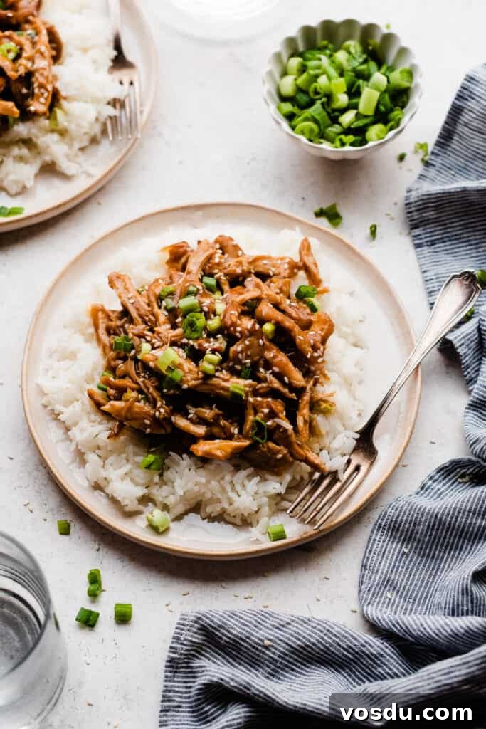 Slow Cooker Honey Garlic Chicken Recipe for Tender, Flavorful Meat 2 A plate of honey garlic chicken over rice, garnished with sesame seeds and green onions.