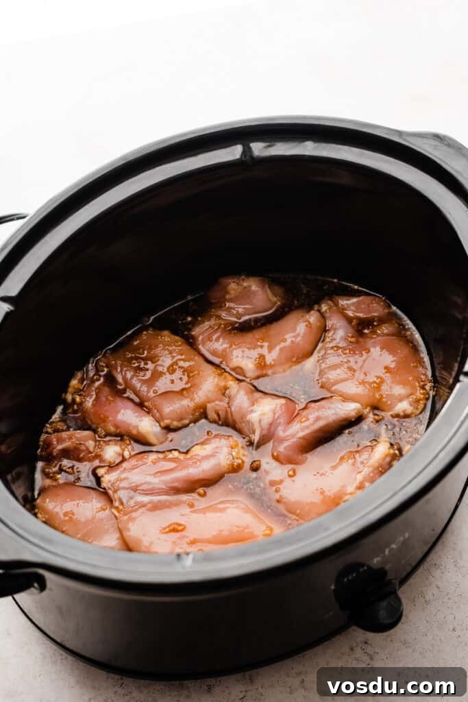 Slow Cooker Honey Garlic Chicken Recipe for Tender, Flavorful Meat 4 A crock pot full of uncooked chicken thighs covered in sauce.
