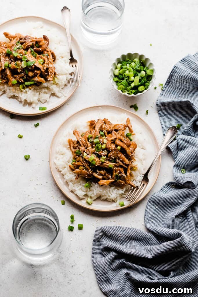 Slow Cooker Honey Garlic Chicken Recipe for Tender, Flavorful Meat 8 Two plates of the finished dish over rice, garnished with sesame seeds and green onions.