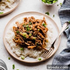 Slow Cooker Honey Garlic Chicken Recipe for Tender, Flavorful Meat 9 A plate of rice topped with slow cooker honey garlic chicken, green onions, and sesame seeds.