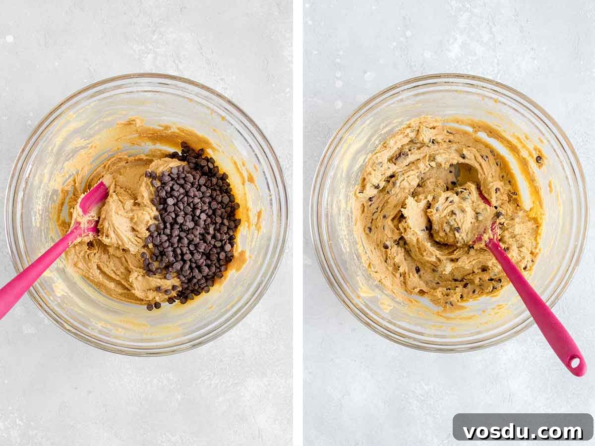 Edible Chocolate Chip Cookie Dough Recipe You Can Eat Raw 6 Set of two photos showing mini chocolate chips added to the dough and folded in.