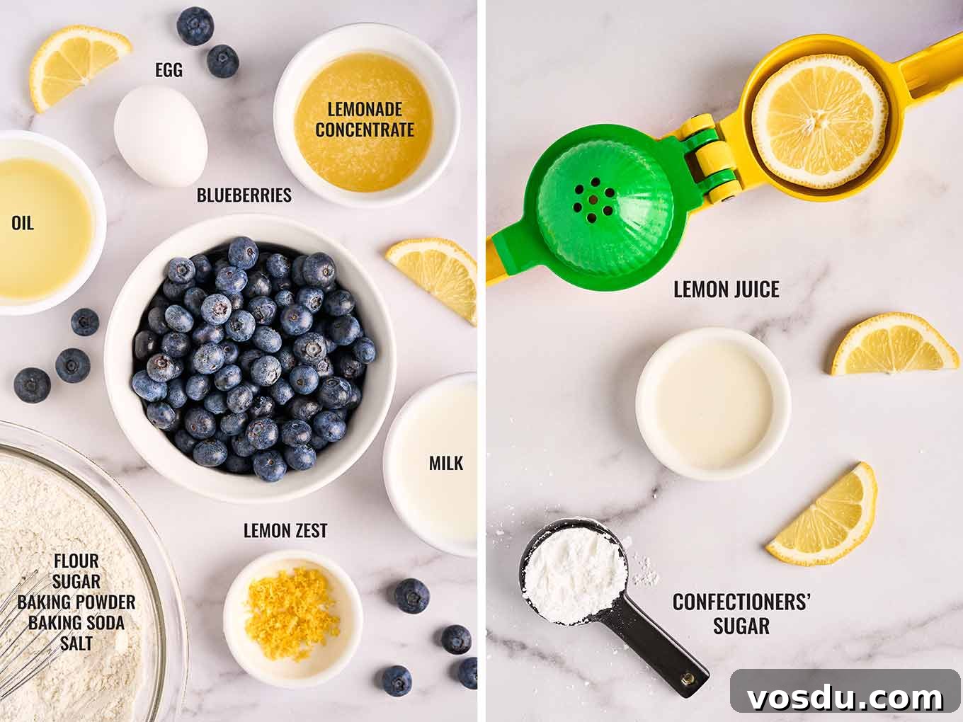 Lemon Blueberry Loaf Cake Recipe with Zesty Glaze 3 The ingredients for a lemon blueberry loaf cake on a marble background, including fresh blueberries and lemons, lemonade concentrate, lemon zest and more.