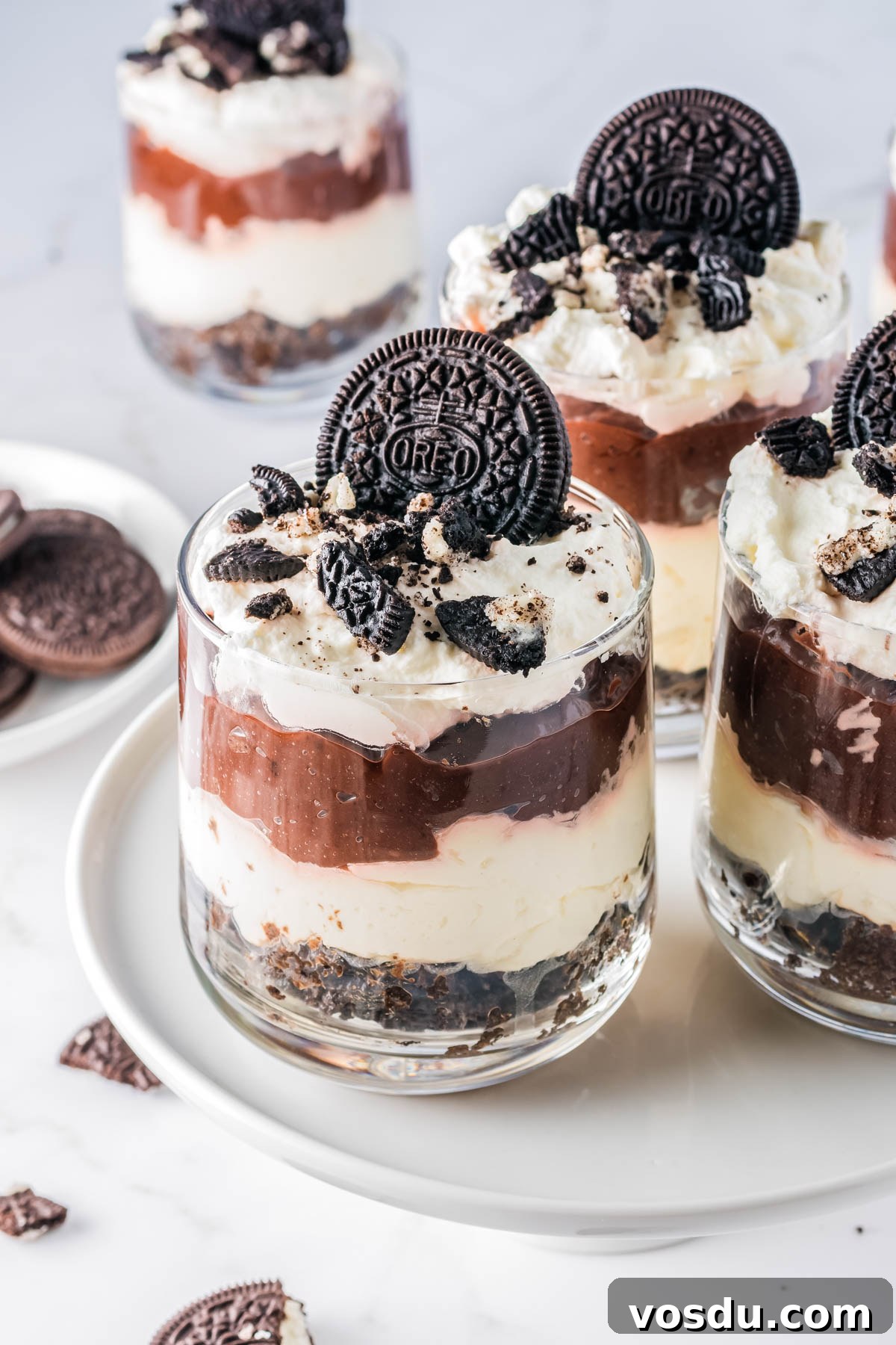 Three No-Bake Oreo Desserts on a serving platter.