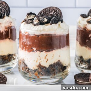 An Oreo Parfait in a clear glass.