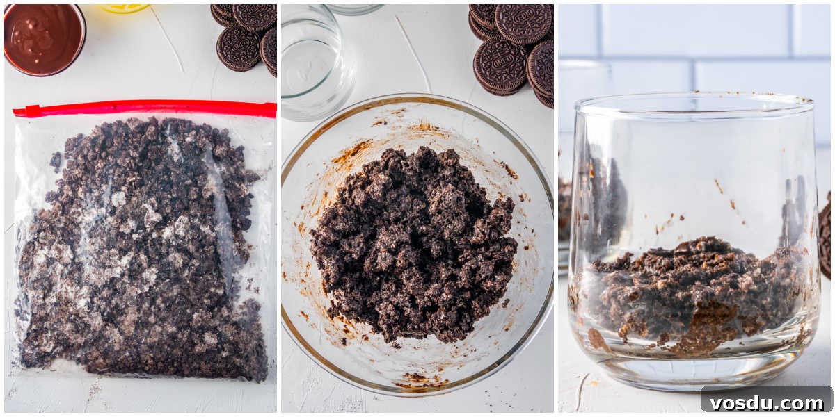 The crushed Oreo cookies combined with melted butter and hot fudge.