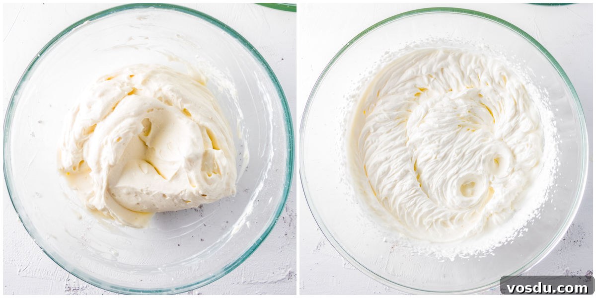 The cream cheese mixture and the whipped cream in mixing bowls.