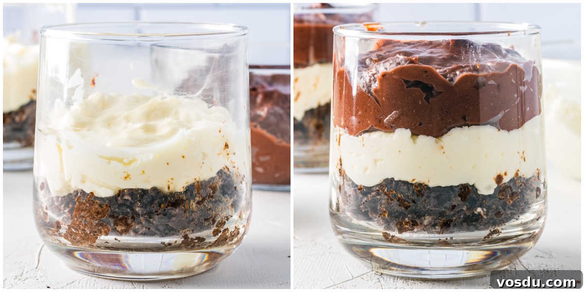 The whipped cream and pudding layers are added on top of the Oreo layer.