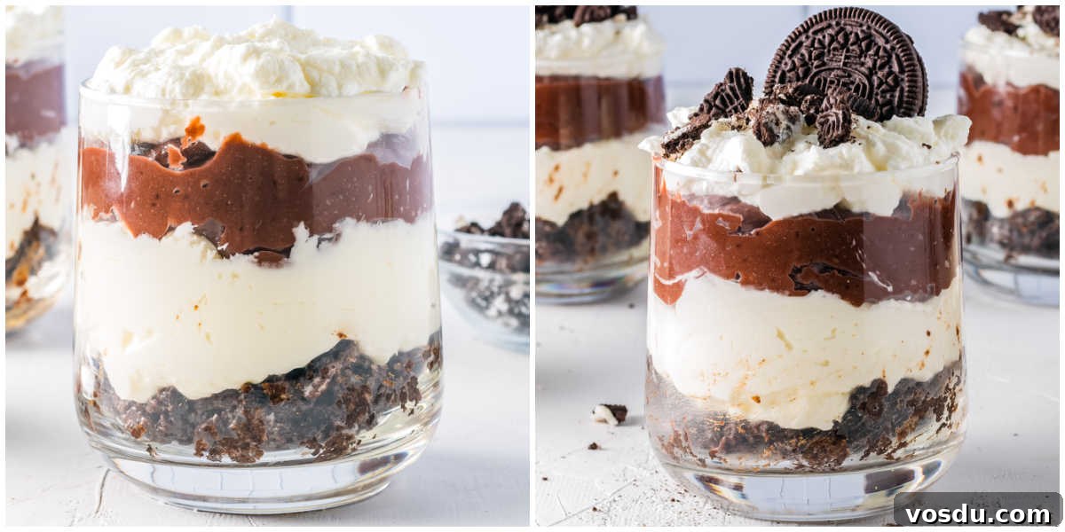 The final layer of whipped cream added tot the parfait and garnished with Oreo crumbs and an Oreo.