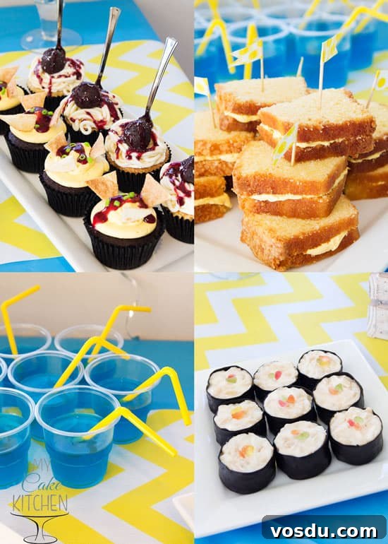 Mischievous Minion Party Food - Spaghetti & Meatball Cupcakes, Nacho Cupcakes, Cheese (Cake) Sandwiches and Sweet Sushi