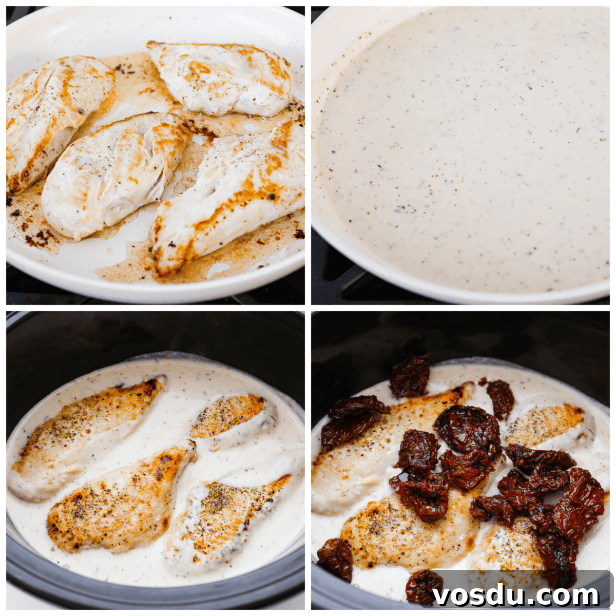 Steps for making Crock Pot Marry Me Chicken, from searing to slow cooking in a creamy sun-dried tomato sauce. 4-photo collage of the chicken being seared and then covered in a creamy sun-dried tomato sauce.