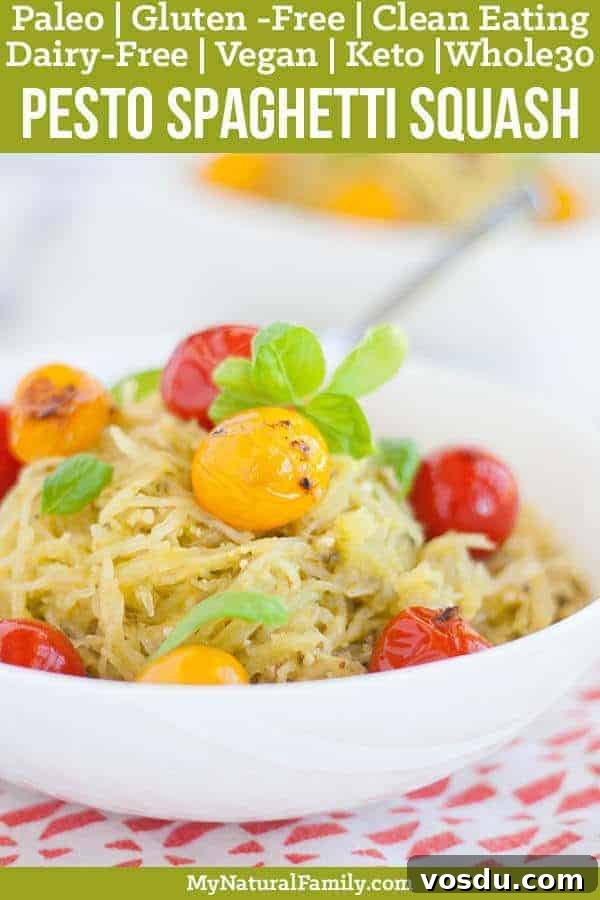 Whole30 Baked Spaghetti Squash with Pesto and Burst Tomatoes 2 Bursted Tomato & Pesto Baked Paleo Spaghetti Squash Recipe {Gluten-Free, Clean Eating, Dairy-Free, Vegan, Whole30, Keto}