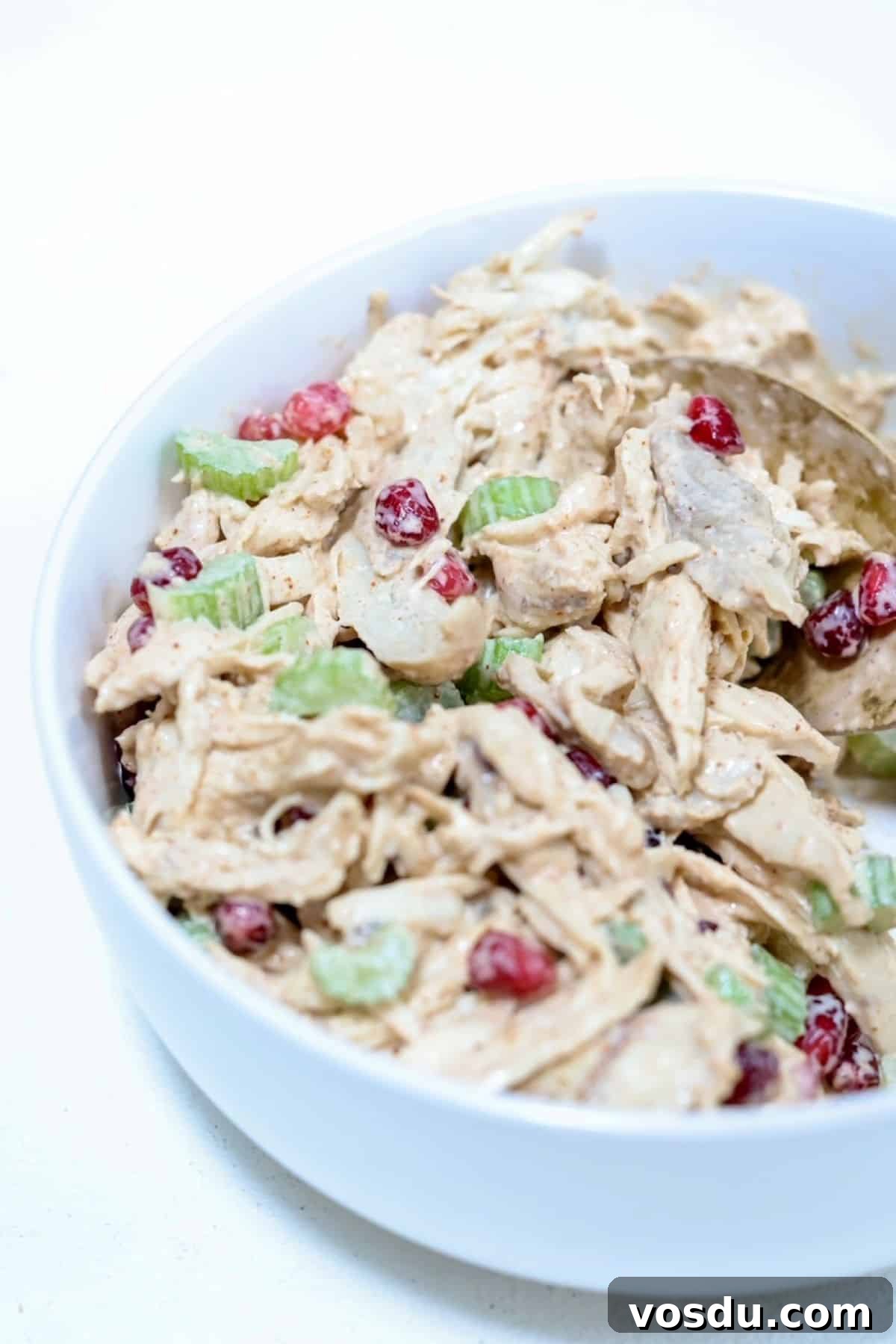 Pomegranate Chicken Salad with Crunchy Herbs and Citrus 2 Chicken salad with pomegranate seeds in a white serving bowl with a gold spoon.