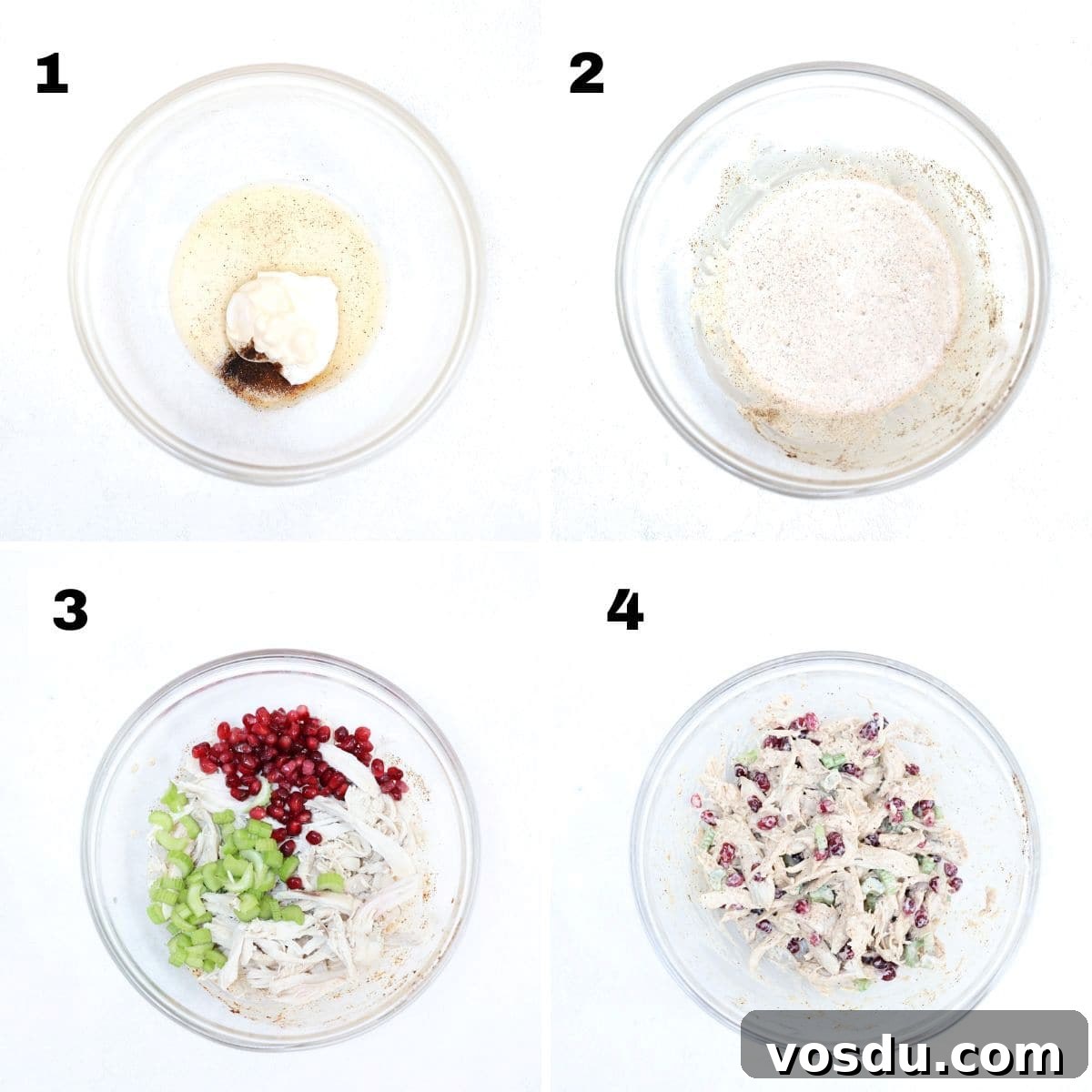 Pomegranate Chicken Salad with Crunchy Herbs and Citrus 4 Four numbered images showing how to make chicken pomegranate salad.