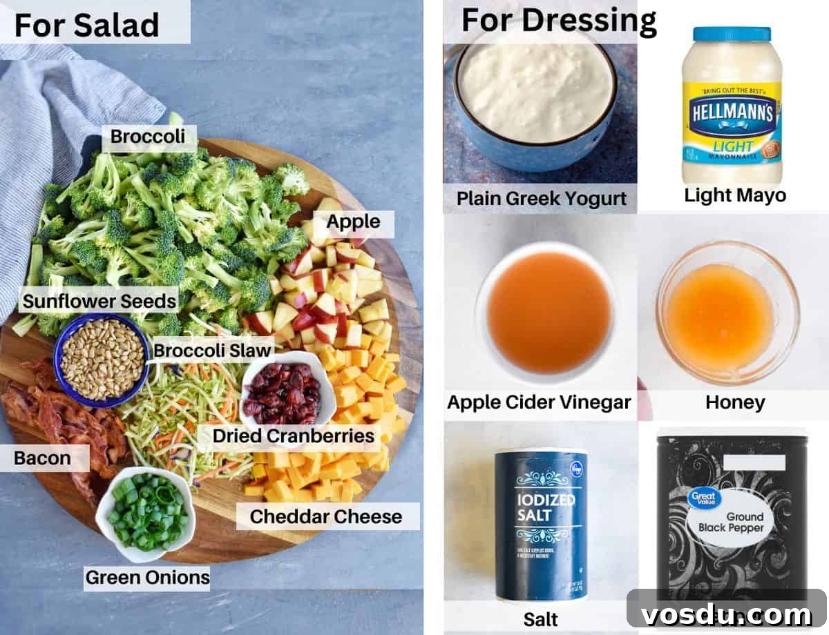 Broccoli Salad with Greek Yogurt Dressing – Light and Creamy 3 ingredients for salad laid out.
