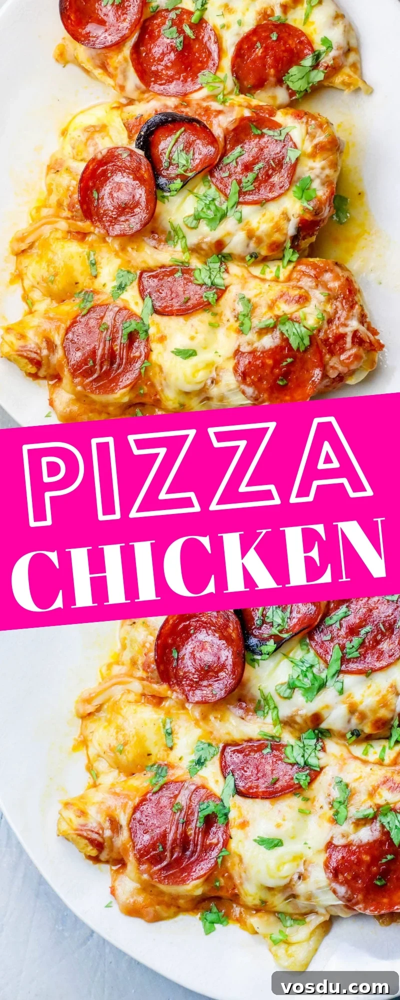 Keto Low-Carb Cheesy Pizza Chicken Recipe 8 chicken smothered in cheese and pepperonis on a plate