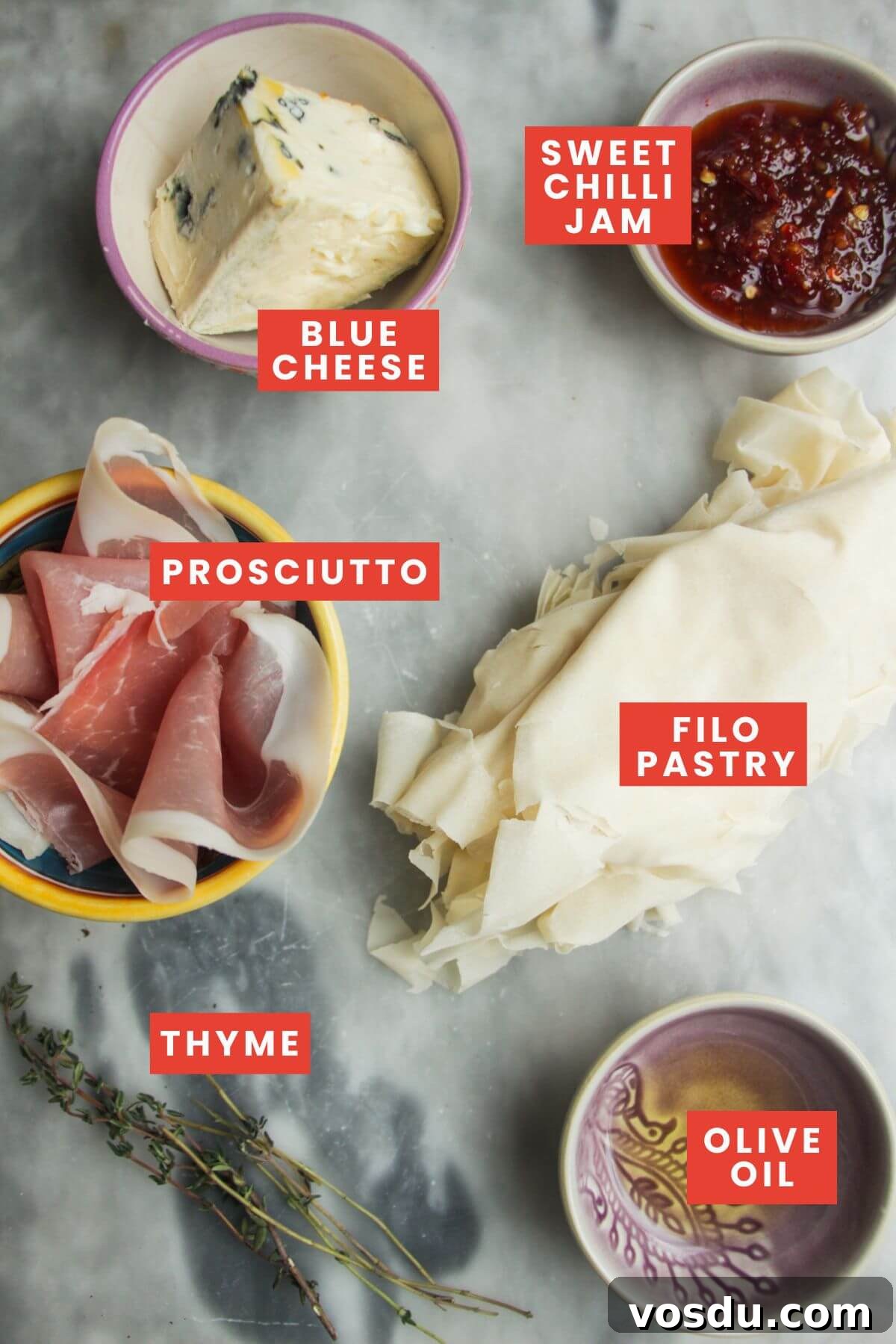 Blue Cheese, Prosciutto & Sweet Chili Filo Cups Recipe 3 Ingredients for blue cheese filo cups laid out and labelled.