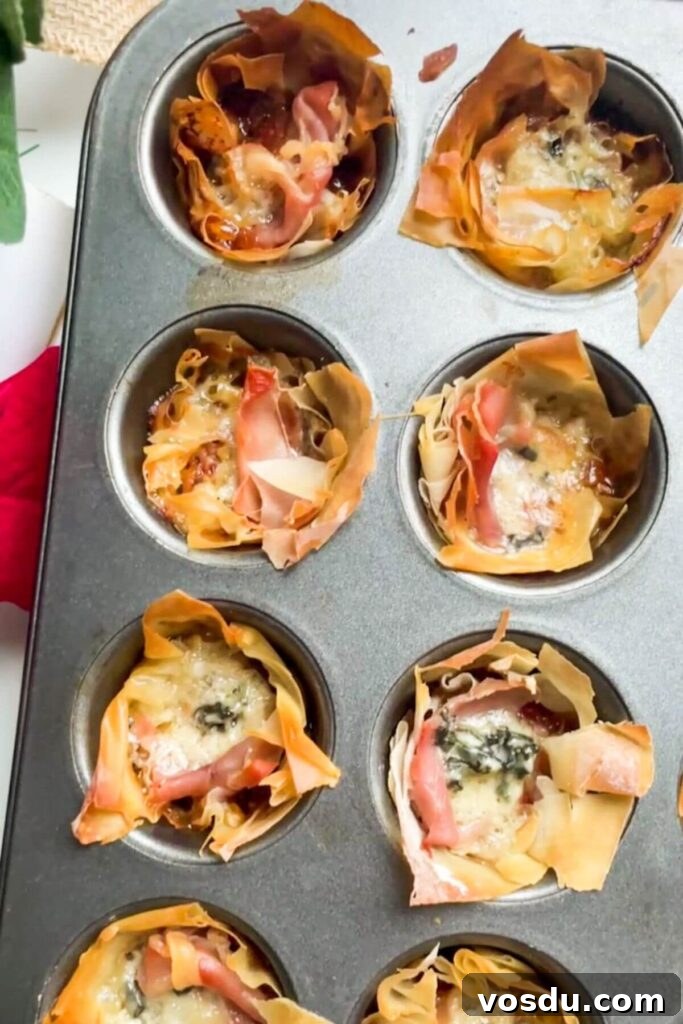 Blue Cheese, Prosciutto & Sweet Chili Filo Cups Recipe 7 Baked blue cheese, prosciutto, sweet chilli bites in a mini muffin tin.