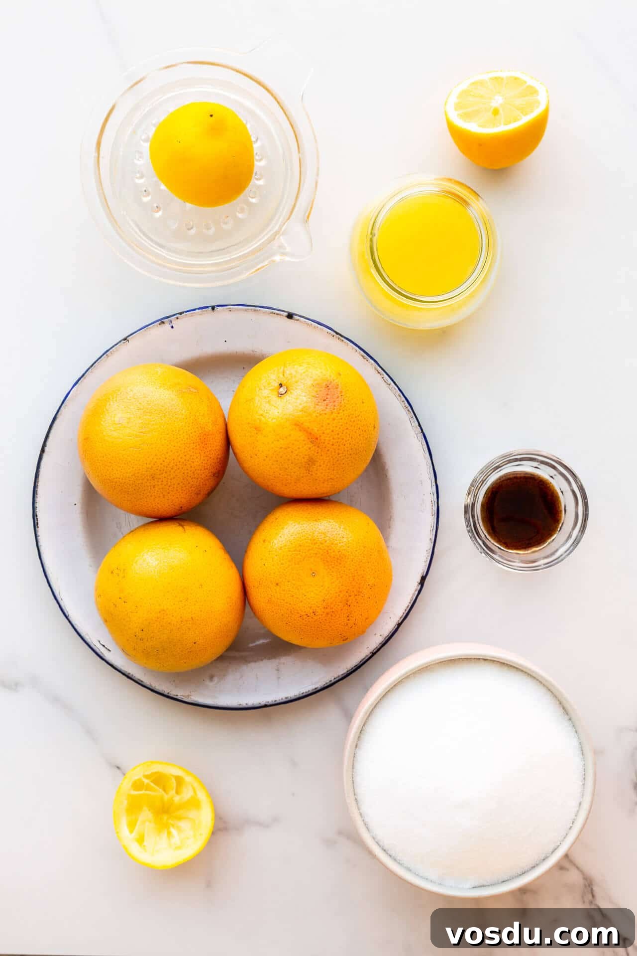 Ingredients to make homemade grapefruit marmalade from scratch, including whole pink grapefruit, lemon juice, sugar, and vanilla bean paste.