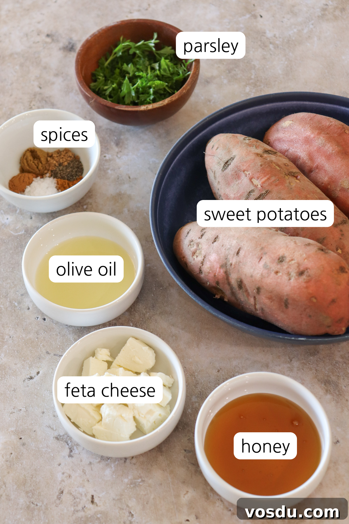Honey-Roasted Sweet Potato Rounds with Maple Glaze 3 Honey roasted sweet potato rounds showing small bowls of labeled ingredients.