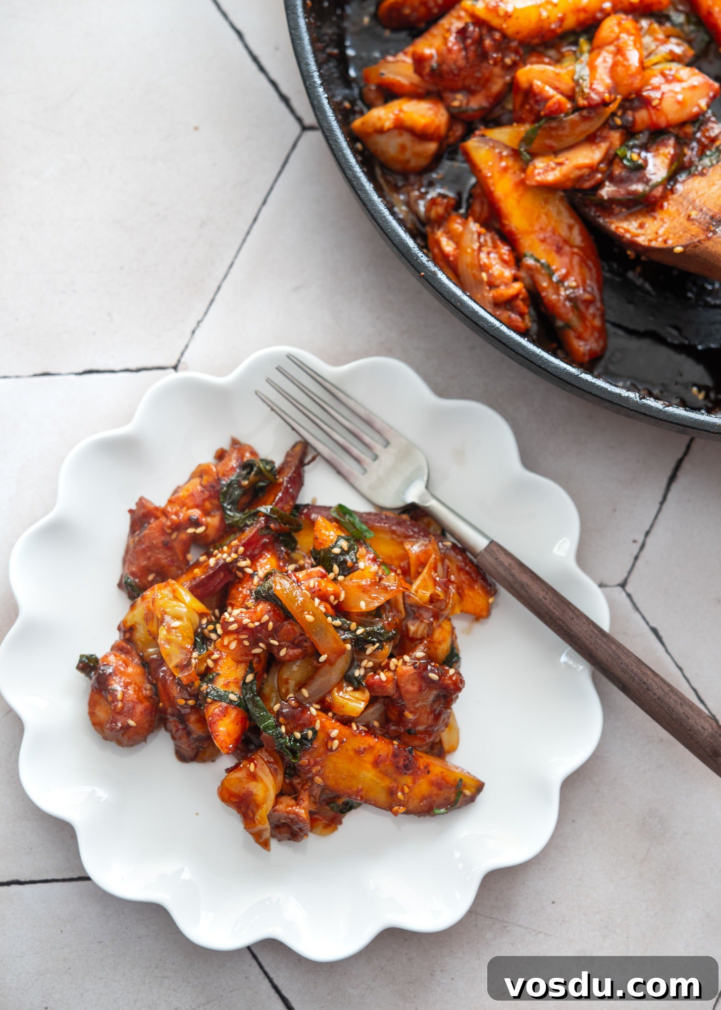 Dakgalbi Recipe: Spicy Korean Stir-Fried Chicken with Vegetables 12 A plate of dakgalbi (spicy Korean chicken stir-fry)