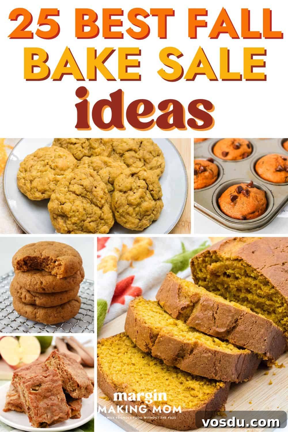 25 Top Fall Bake Sale Ideas That Sell Out Fast 2 collage image featuring five of the best fall bake sale ideas, including cookies, muffins, breads, and bars made with classic fall flavors.