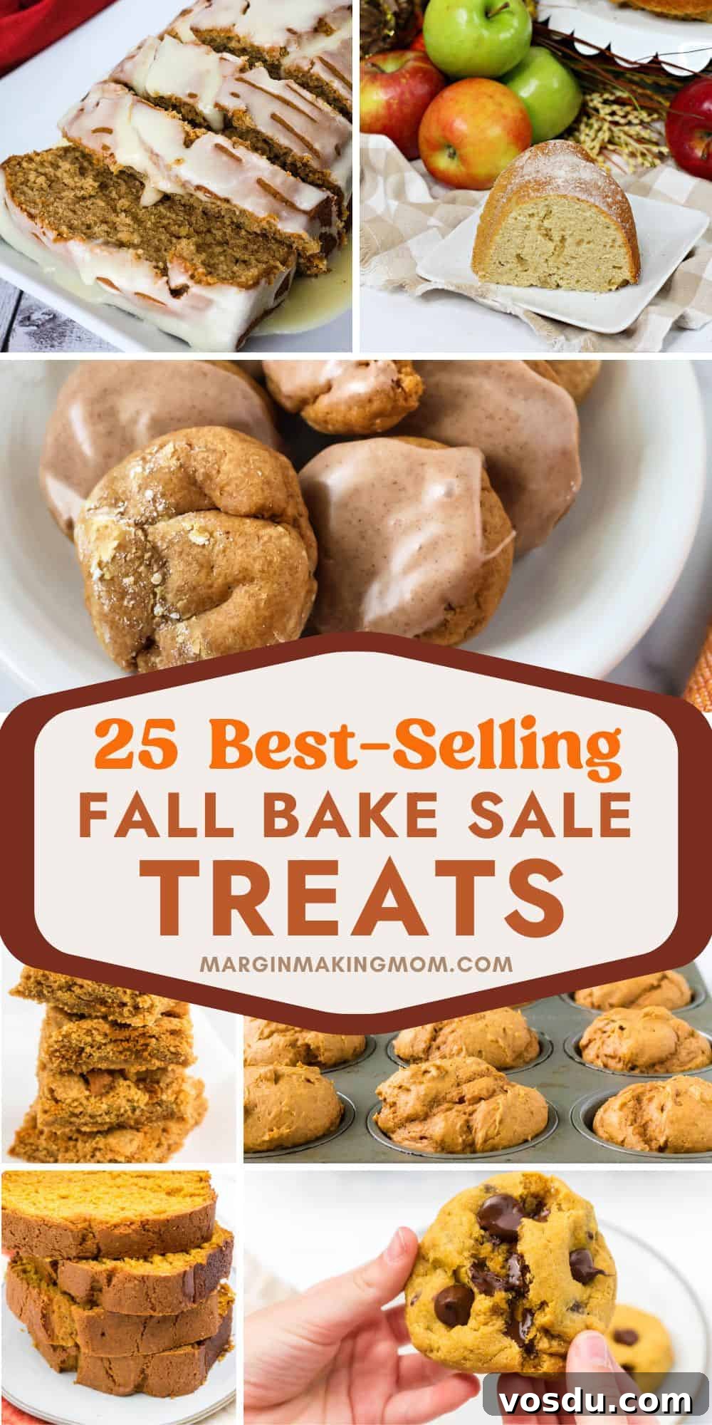 25 Top Fall Bake Sale Ideas That Sell Out Fast 3 collage image featuring seven fall bake sale treats, including pumpkin and apple recipes.