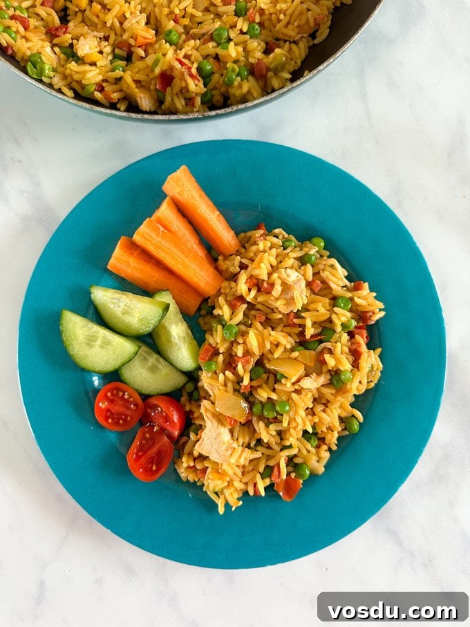 Quick 10-Minute Kids' Paella: Flavorful Family Meal 3 Paella served on a blue child's plate, alongside fresh/chopped carrot's,cucumber and cherry tomatoes.