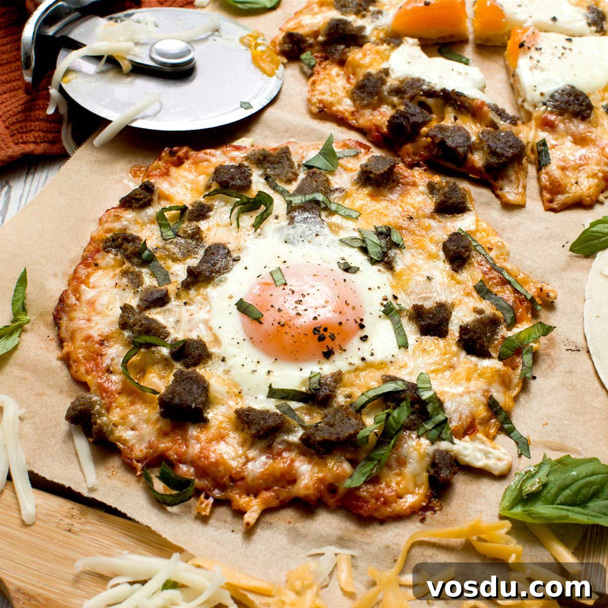 Breakfast Pizza Tortilla with turkey sausage, cheese and egg.